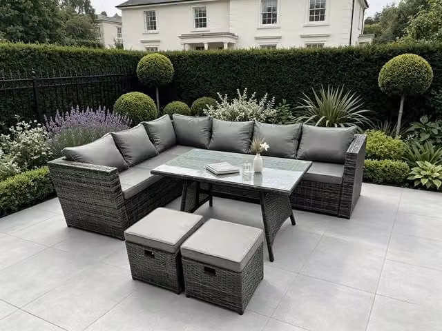 Fimous 8 Seater Rattan Garden Outdoor Corner Sofa Set with Rectangular Dining Table and Small Footstools in Dark Mixed Grey