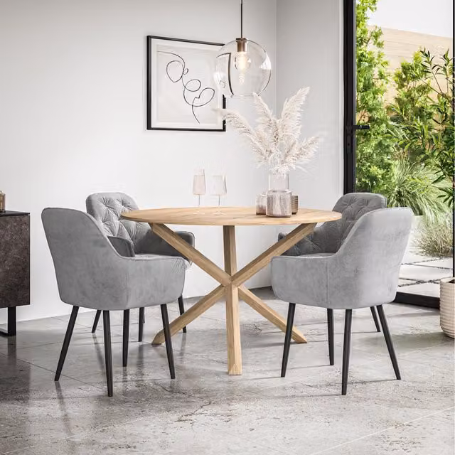 More4Homes Malvern Round Oak Effect Dining Table Set with 4 Grey Anika Velvet Chairs and Black Oak Legs