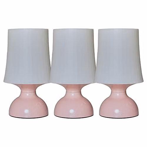 ValueLights Colmar 3 Pack Dimmable LED Touch Table Lamps in Pink with White Cone Shades – 1