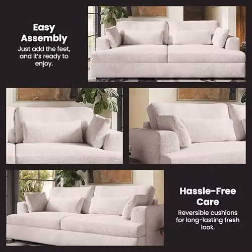 Solace+Co Drew 3 Seater Modern Chenille Lounge Sofa in Cream with Foam-Filled and Removable Cushion Covers – 6