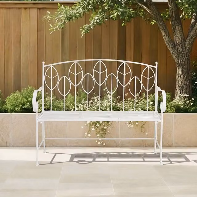 Charles Bentley Rustic Metal Garden Bench with Floral Leaf Design in White and Green, W: 106 cm, H: 92.5 cm, D: 55 cm – 1