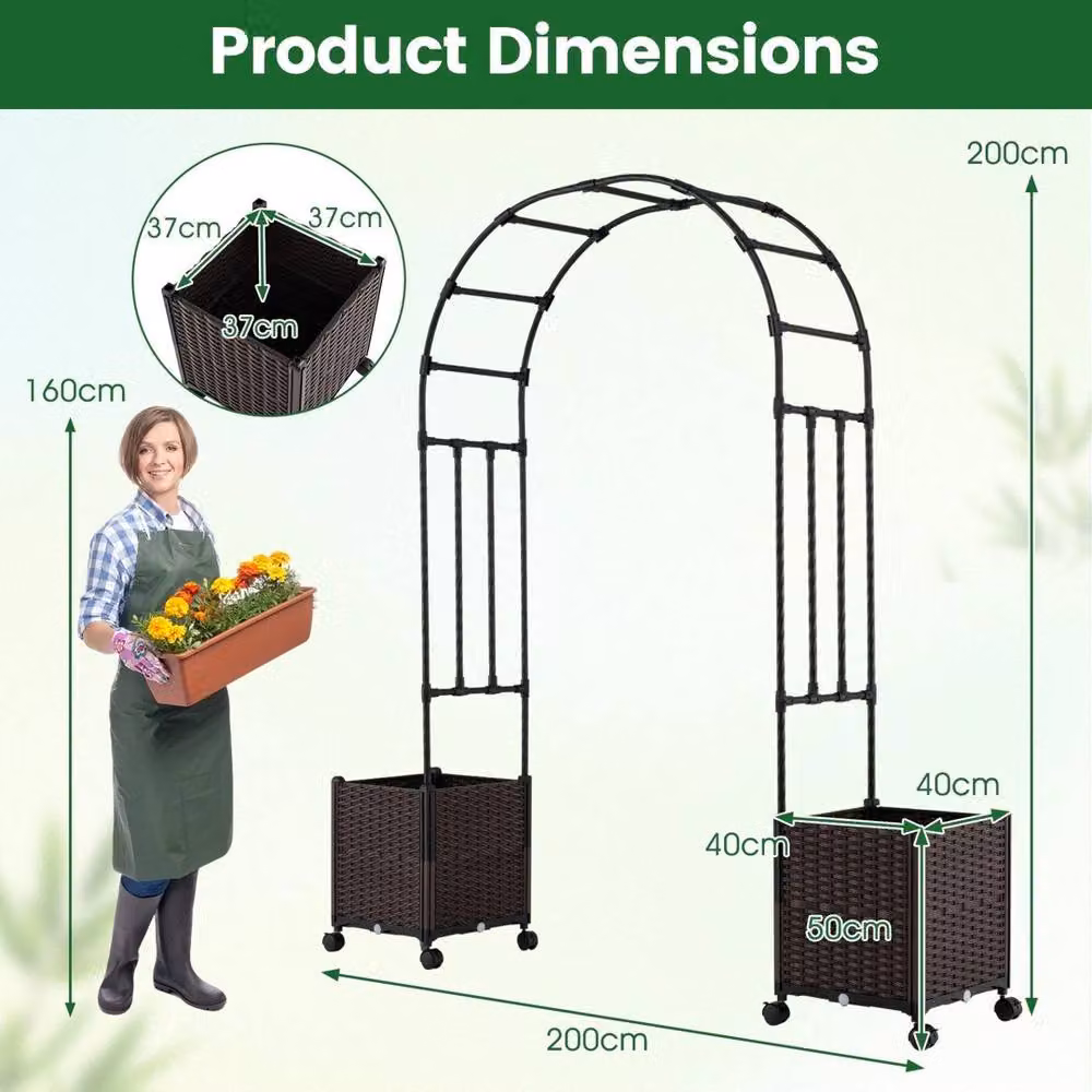 VOGREX Black Metal Garden Arch Trellis with 2 Planter Boxes, Height: 200 cm – 2