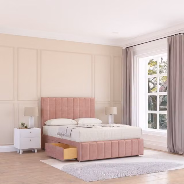 Sloomy California Divan Bed Base in Pink Velvet with 2 Drawers, 12 inch Footboard and 54 inch Floor Standing Chesterfield Headboard, Size: Super King (W/D/H: 200 x 200 cm)