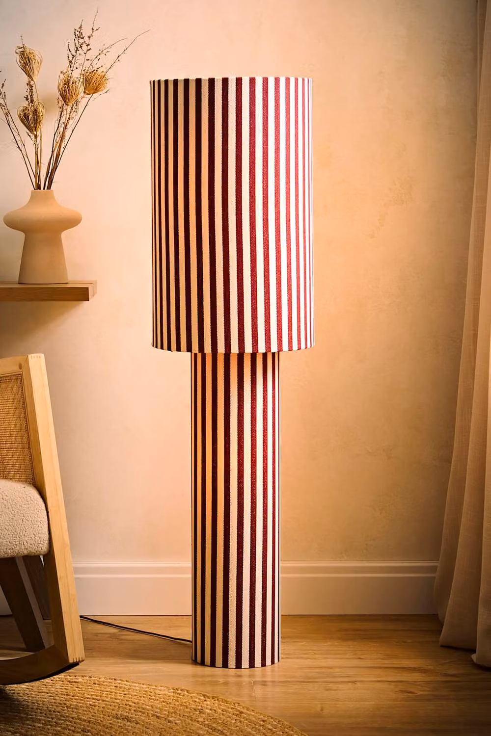 ValueLights Florence Pinstripe Fabric Linen Midi Floor Lamp with Bulb in Red – 3