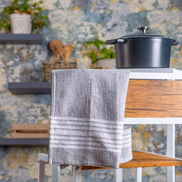 Nicola Spring Highly Absorbent Striped Cotton Tea Towels in Grey, Pack of 2