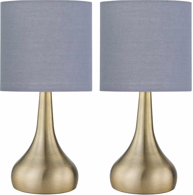 First Choice Lighting Romana Set of 2 Antique Brass Touch Table Lamps with Grey Fabric Shades