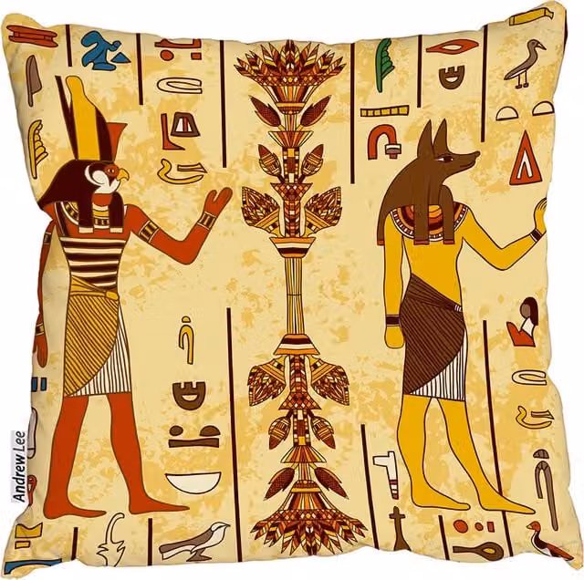 Andrew Lee Egyptian Gods and Ancient Egyptian Hieroglyphs Square Cushion, Orange, W: 60 cm x H: 60 cm