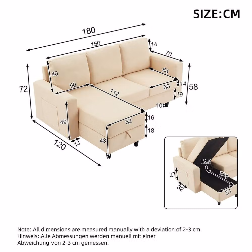Matteo L-Shaped 3 Seater Sofa Bed with Storage, USB Charging and LED Lighting in Beige – 3