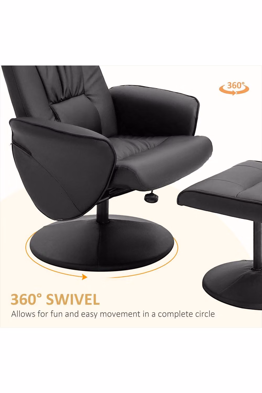 ERGOVEXA Swivel Recliner Chair with Ottoman in Black Synthetic Leather – 3