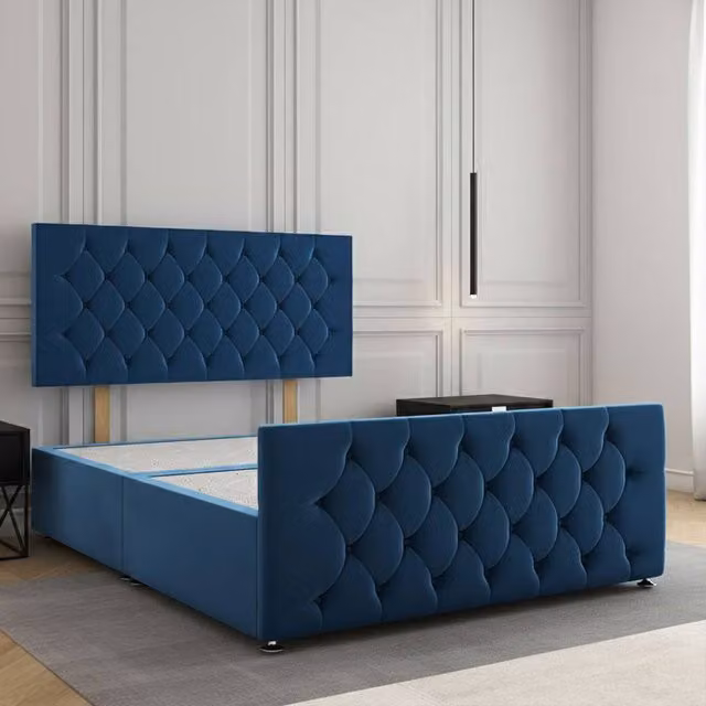 Regional Furnishings Blue Velvet Plush Divan Bed with 24 inch Headboard and 20 inch Footboard, Small Double, W/D/H: 120 x 200 cm – 1