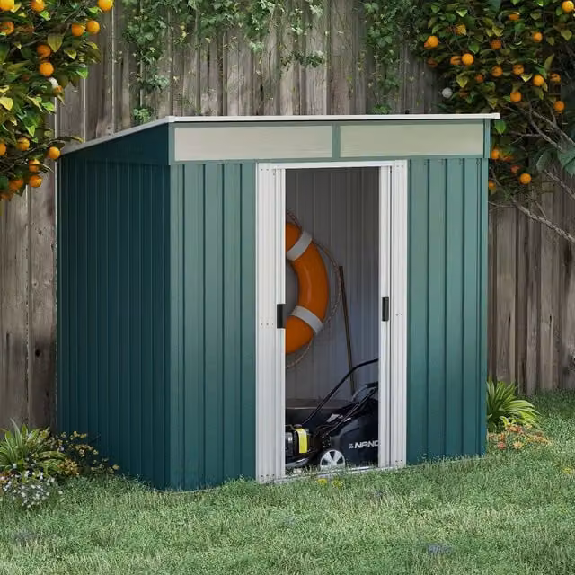 Outsunny Green Metal Garden Tool Storage Shed with Foundation and Window