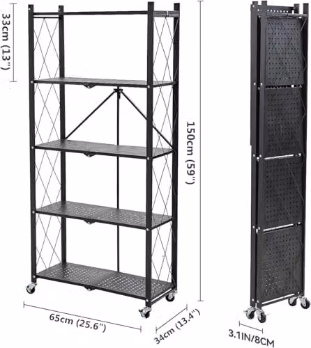 Hygrad Built to Survive 5 Tier Black Metal Multifunctional Foldable Portable Free Standing Storage Shelf Rack, W/D/H: 71.5 x 36.5 x 163 cm – 8