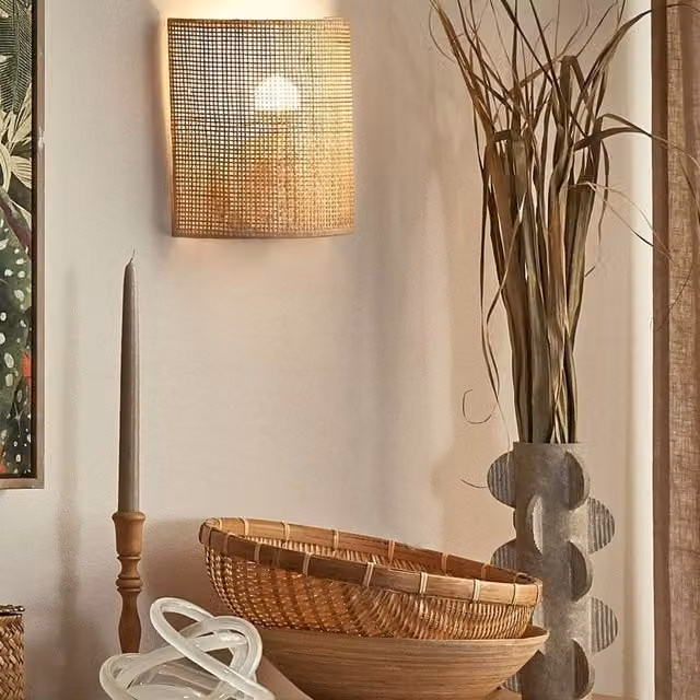 Wyld and Coco Natural Rattan Wall Lamp in Beige with 22 cm Half Drum Shade