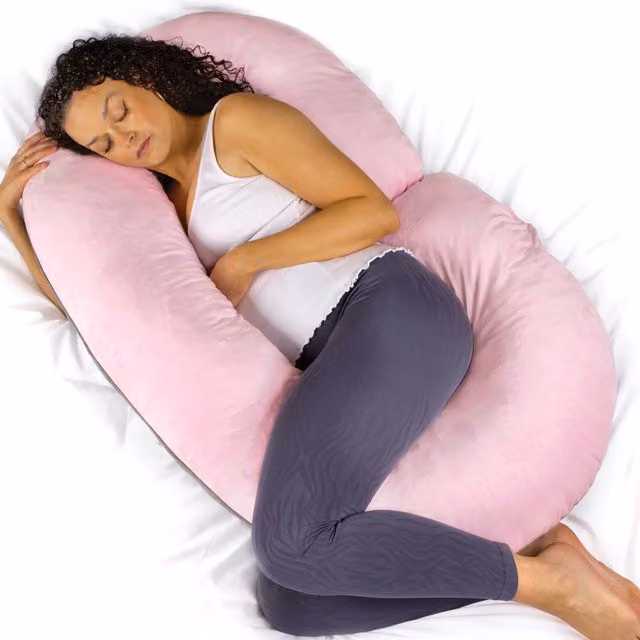 Aamira C-Shaped Memory Foam Pregnancy Pillow in Pink and Grey Velvet, W/D/H: 140 x 65 x 20 cm