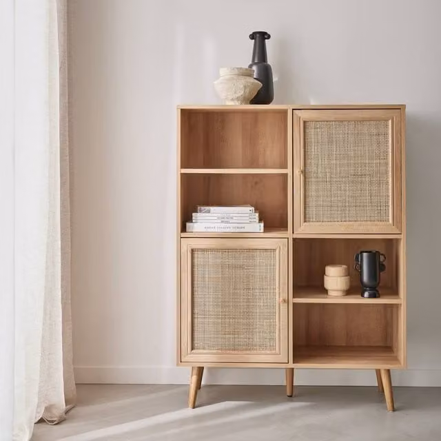 Sweekeet 4-Door Boho Sideboard with Rattan and Glass Details in Light Brown, W/D/H: 120 x 35 x 90 cm – 1