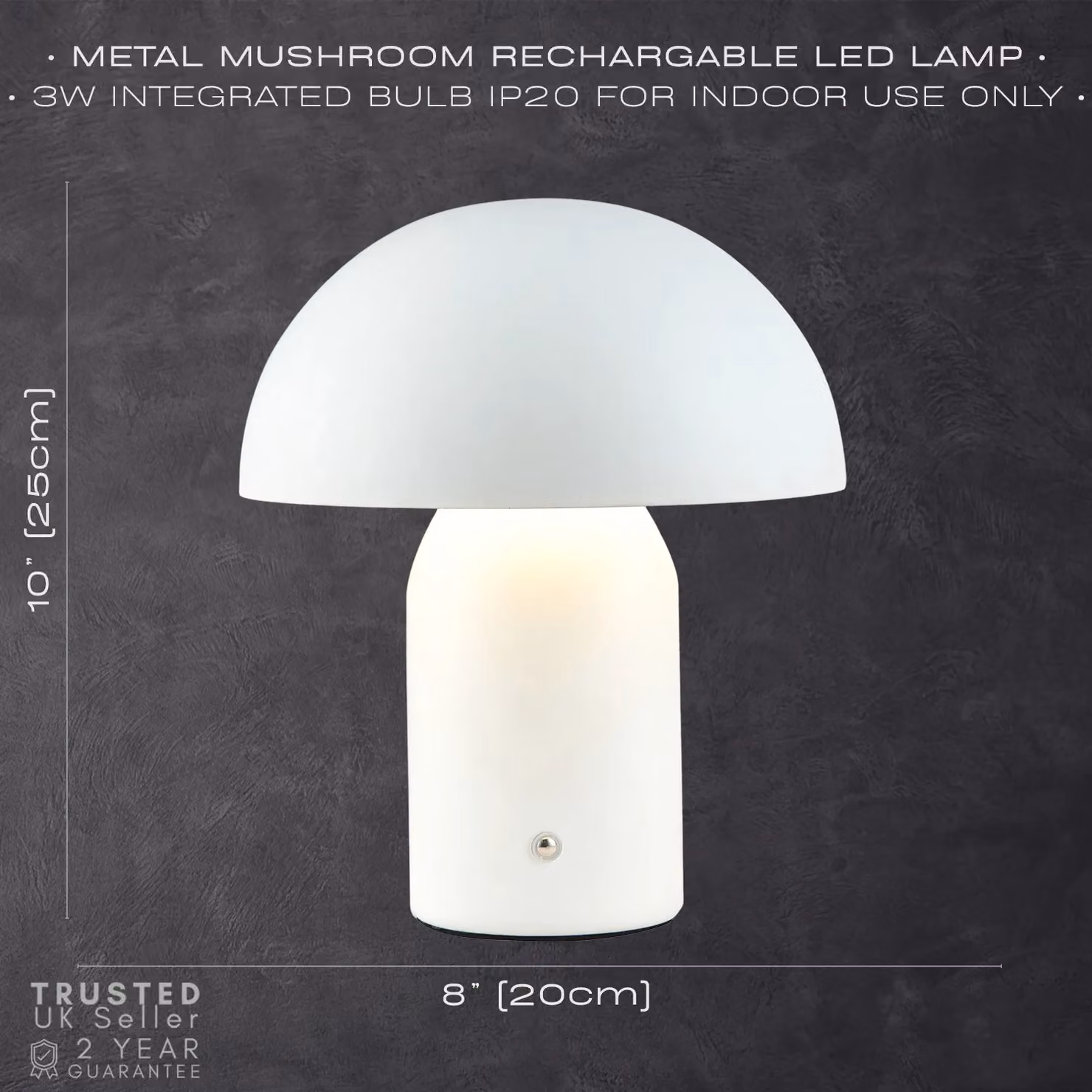 Happy Homewares Modern Rechargeable Mushroom Table Lamp with Touch Dimmer in White, Height: 25.4 cm – 3