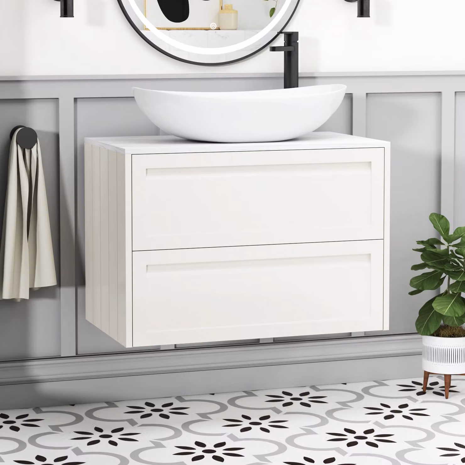 Royal Bathrooms Elmore 800mm Classic White Wall Hung 2 Drawer Vanity Unit with Cesar Basin