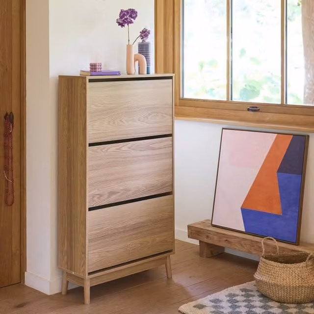 sweeek Scandi-style Freestanding Shoe Cabinet in Brown with Tilting Compartments, W/D/H: 75 x 26 x 131 cm