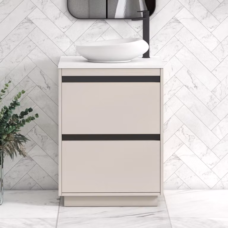 Royal Bathrooms Orion 600mm Warm Taupe Floor Standing 2 Drawer Vanity Unit with Nova Basin and Black Accent Trim