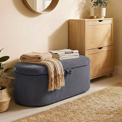 HOMCOM Corduroy Upholstered Storage Ottoman in Grey, W: 105 cm, D: 51 cm, H: 49 cm – 9