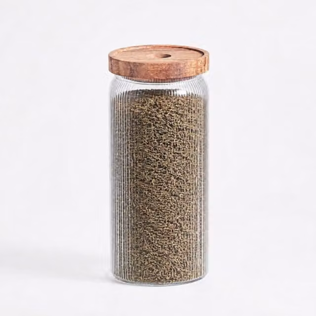 Eden & Willow Airtight Ribbed Glass Storage Jar with Acacia Wood Lid, Transparent, 1.1l