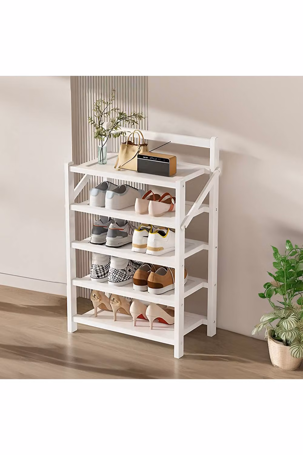Living and Home 5-Tier Foldable Bamboo Shoe Rack in White