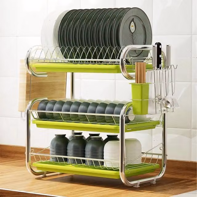 Lifeideas 3-Tier Kitchen Dish Drainer with Drip Tray and Cutting Boards in Green