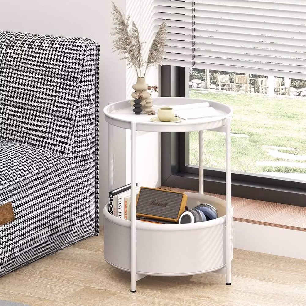 Huhote White 2 Tier Round Fabric and Metal End Side Table with Storage Basket – 2