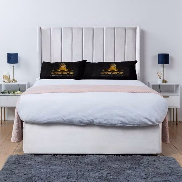UK Bed Furniture Bella Wingback Divan Bed Base with 54 Inch Headboard in White, King Size, W/D/H: 180 x 200 cm