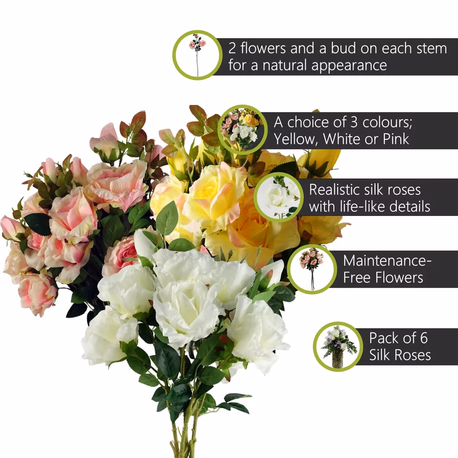 Pegdev Pack of 6 Artificial Rose Stems in Yellow, Pink and White, Height: 80 cm – 2