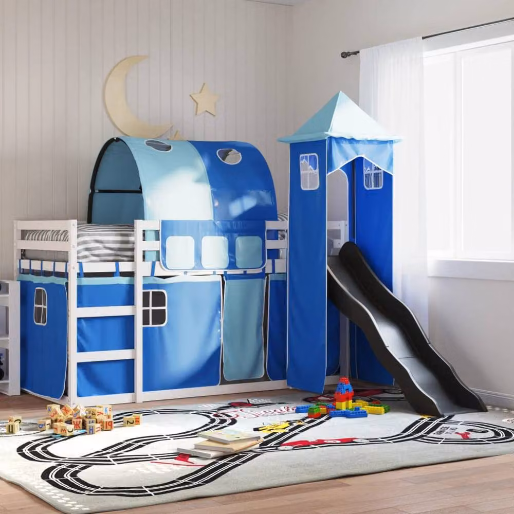 Berkfield Home Blue Solid Wood Childrens Bunk Bed with Slide and Curtains W/D/H: 90 x 200 cm – 2