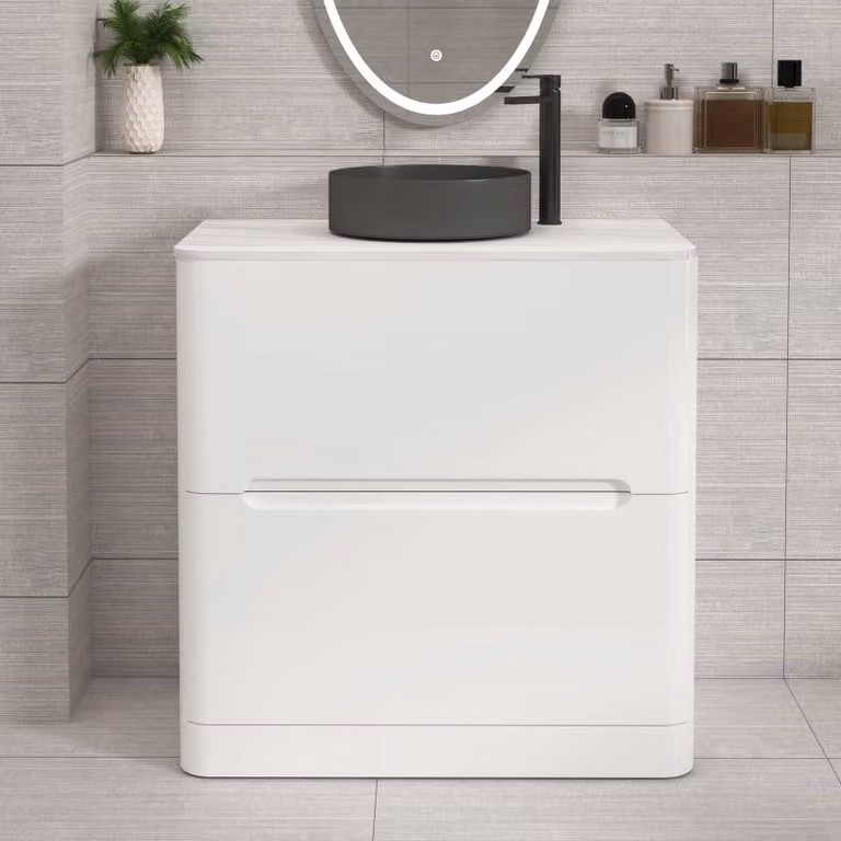 Royal Bathrooms Venice 800mm Gloss White Floor Standing Countertop Vanity Unit with 2 Drawers and Art Round Basin