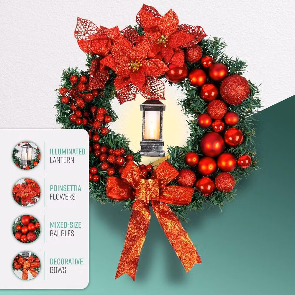 Globrite Red Christmas Wreath with Bows, Baubles and Lantern, Diameter: 40 cm – 6