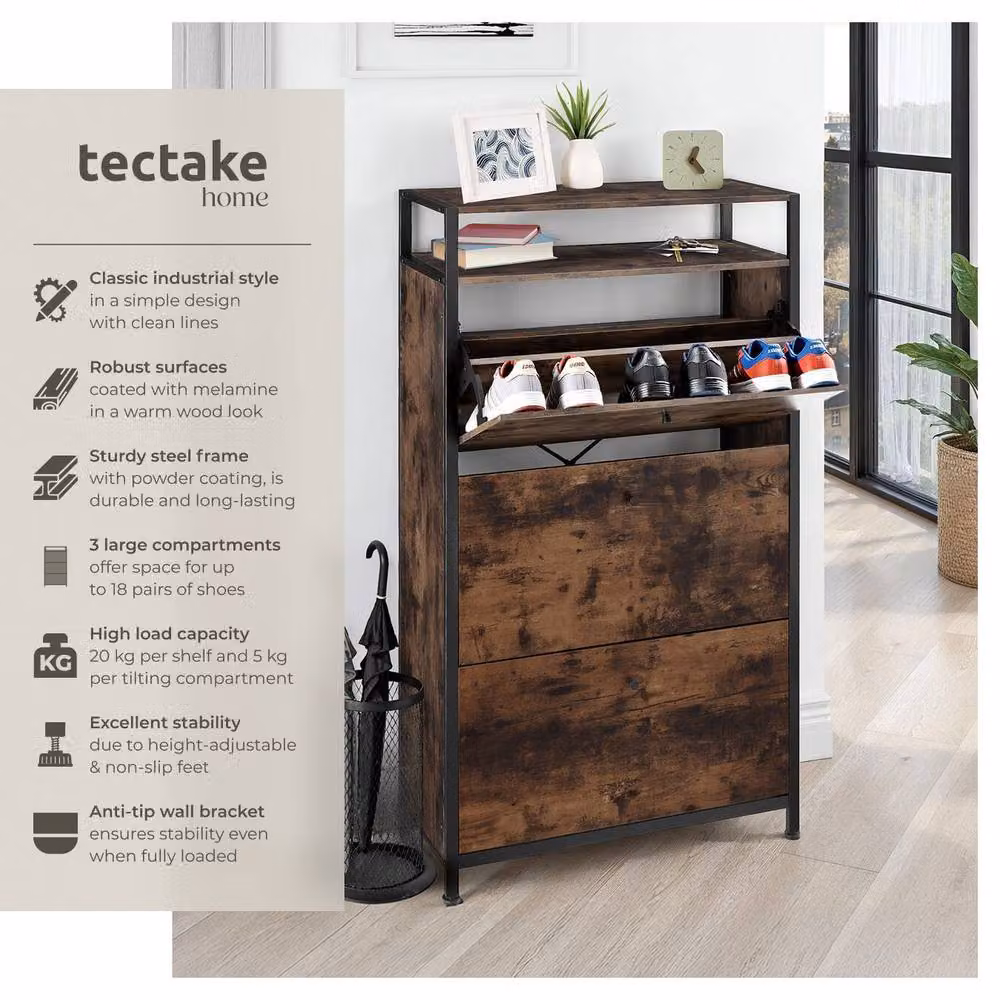 tectake Braddock Industrial Shoe Rack in Dark Brown and Black with Tilting Compartments – 2