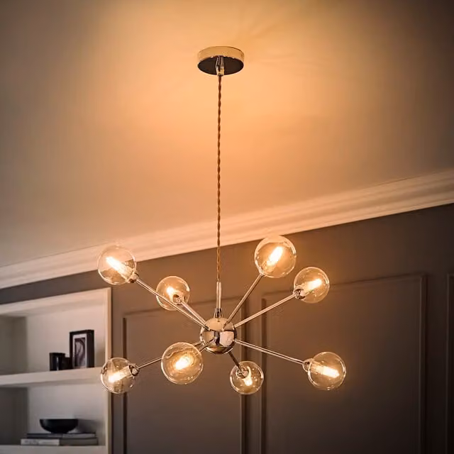 ValueLights Sputnik 8 Way Adjustable Glass Sphere Pendant Ceiling Light with Bulbs in Chrome and Transparent Glass