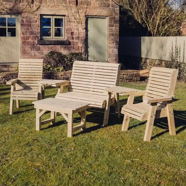 Churnet Valley Garden Furniture Ltd Brown Treated Hardwood Garden Table and Chairs Set with Weather Resistant Cushions