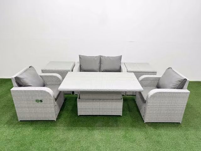 Fimous 4 Seater Grey PE Wicker Rattan Garden Furniture Set with 2 Seater Sofa, Reclining Armchair, Coffee Table and 2 Side Tables