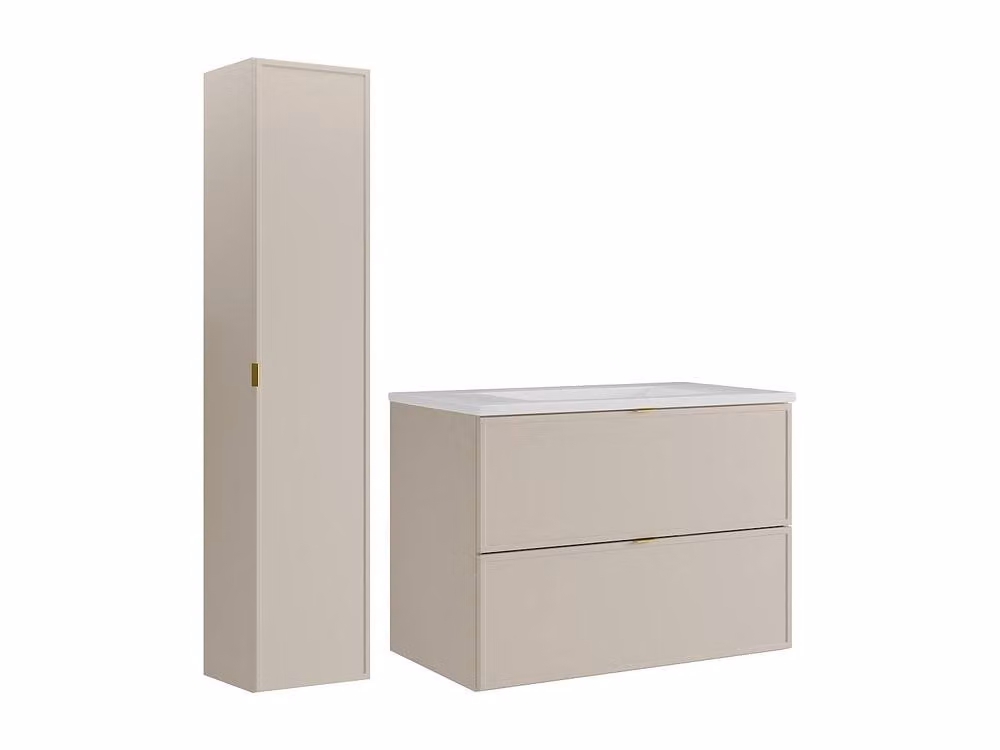 Vente-unique Modern Wall-Mounted Beige Bathroom Vanity Unit with Ceramic Inset Basin and Tall Storage Cabinet W/D/H: 60 x 45 x 80 cm – 2