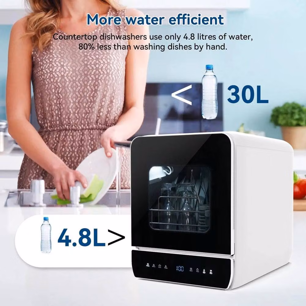 PAWNORA White Countertop Mini Dishwasher with 5L Water Tank and Quick Program – 5