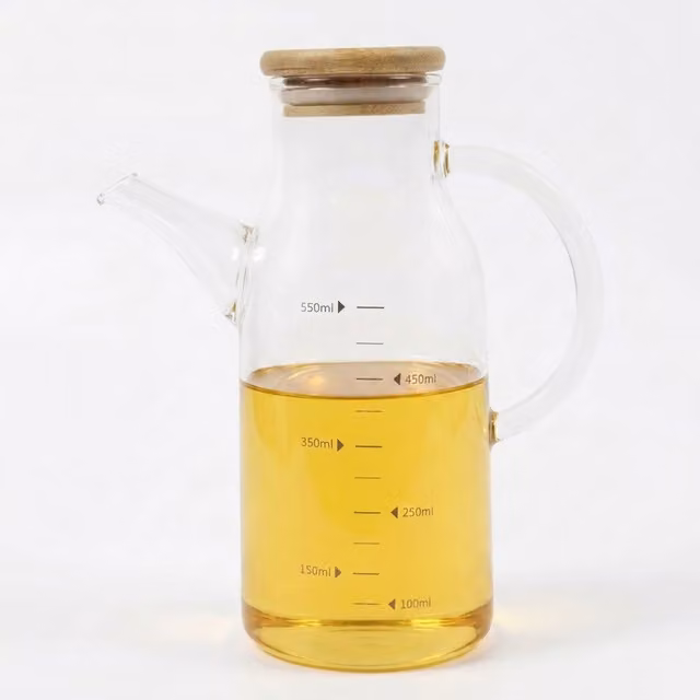 ORNAMI Olive Oil Dispenser and Vinegar Cruet Bottle with Natural Bamboo Lid and Handle, 550ml, Transparent Glass – 1