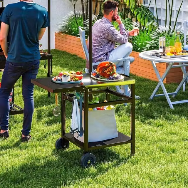 EONLION Black Metal BBQ Trolley with Foldable Side Table, W/D/H: 100 x 58 x 76 cm