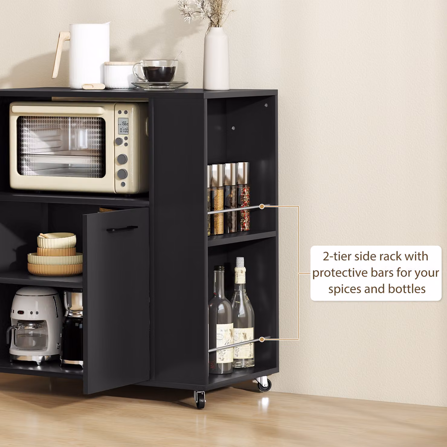 HOMCOM Black Rolling Kitchen Trolley with 2-Door Cabinet, Spice Rack and Adjustable Shelf – 4