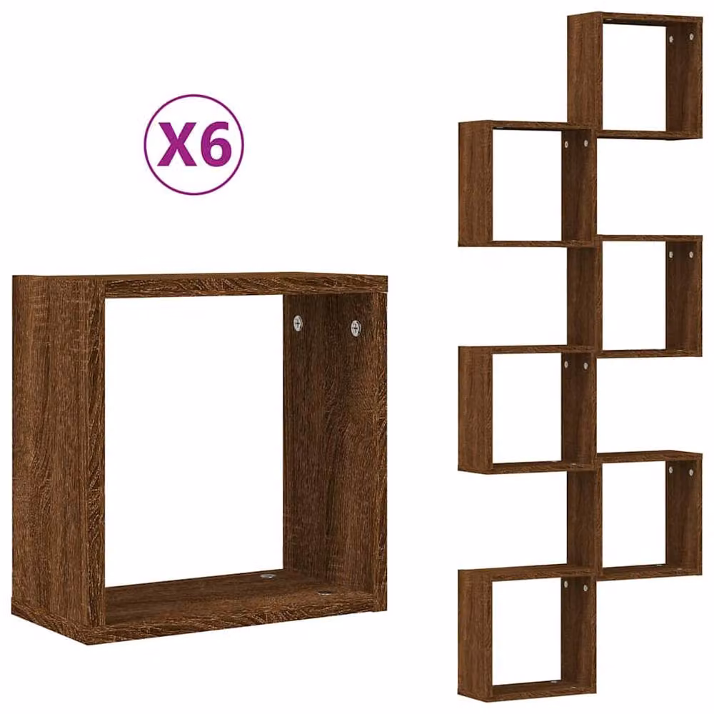 Berkfield Home Wall Mounted Cube Shelves, 6 Piece, Brown Oak, W/D/H: 30 x 15 x 30 cm – 3