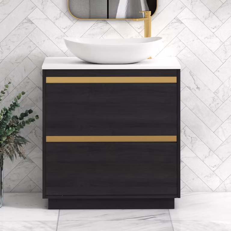 Royal Bathrooms Orion 800mm Hale Black Floor Standing Vanity Unit with Cesar Basin and Brushed Brass Accent Trim in Plain White