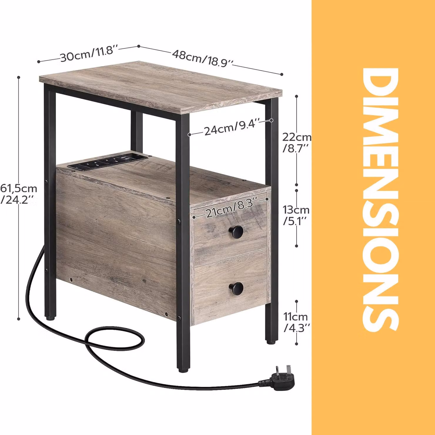 Rafaelo Mobilia Industrial Bedside Table with Glass Top and Metal Frame in Grey, Brown or Black, W/D/H: 61.5 x 30 x 48 cm – 2
