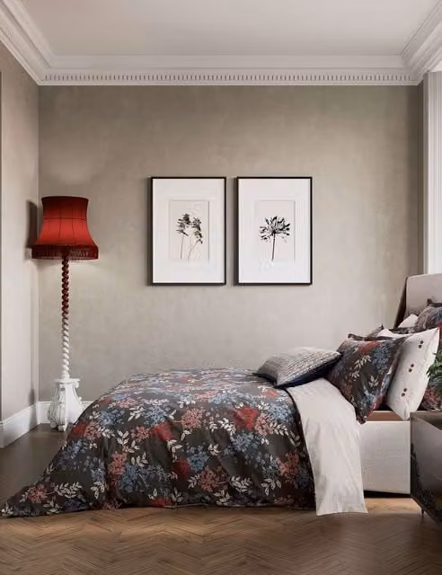Bedeck of Belfast Lucine Pure Cotton Floral Bedding Set, Grey Mix, W: 140 cm, L: 200 cm