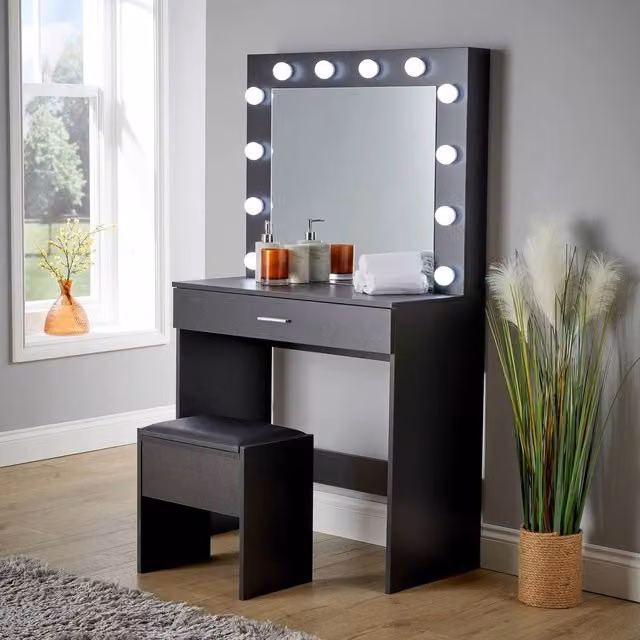 Home Source Black Modern Dressing Table and Stool Set with Hollywood LED Mirror, W/D/H: 140 x 40 x 80 cm – 1