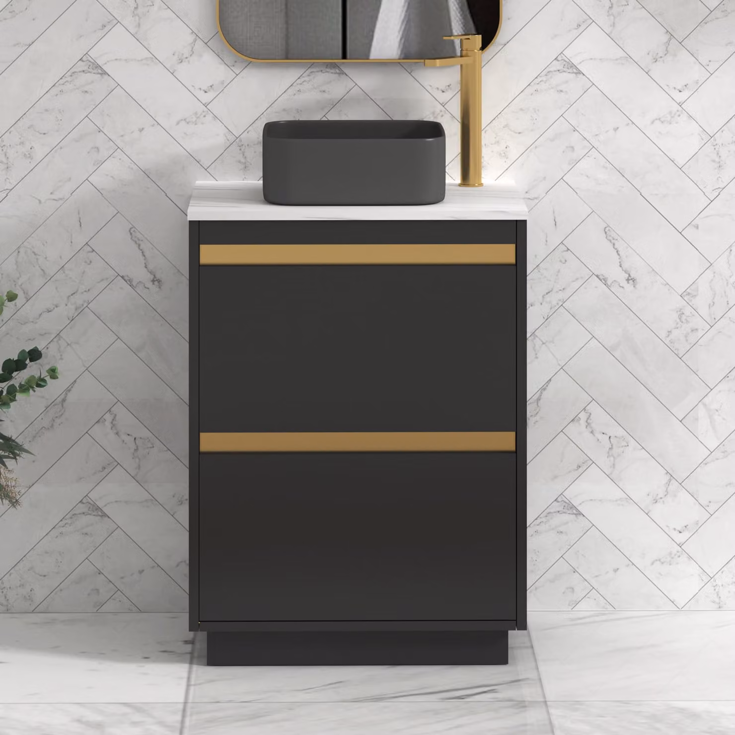Royal Bathrooms Orion 600mm Matt Obsidian Black Floor Standing Countertop Vanity Unit with 2 Drawers, Art Square Basin and Brushed Brass Accent Trim