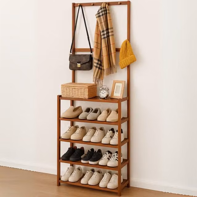Rafaelo Mobilia Brown Wooden Hall Tree with Bench and Shoe Storage