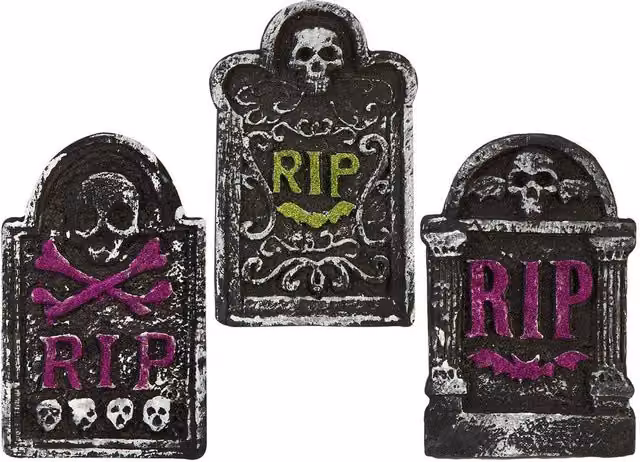 VFM e-Store Halloween RIP Tombstone Set with Green Bats, Skulls and Purple Bats, 3 Pack, Grey